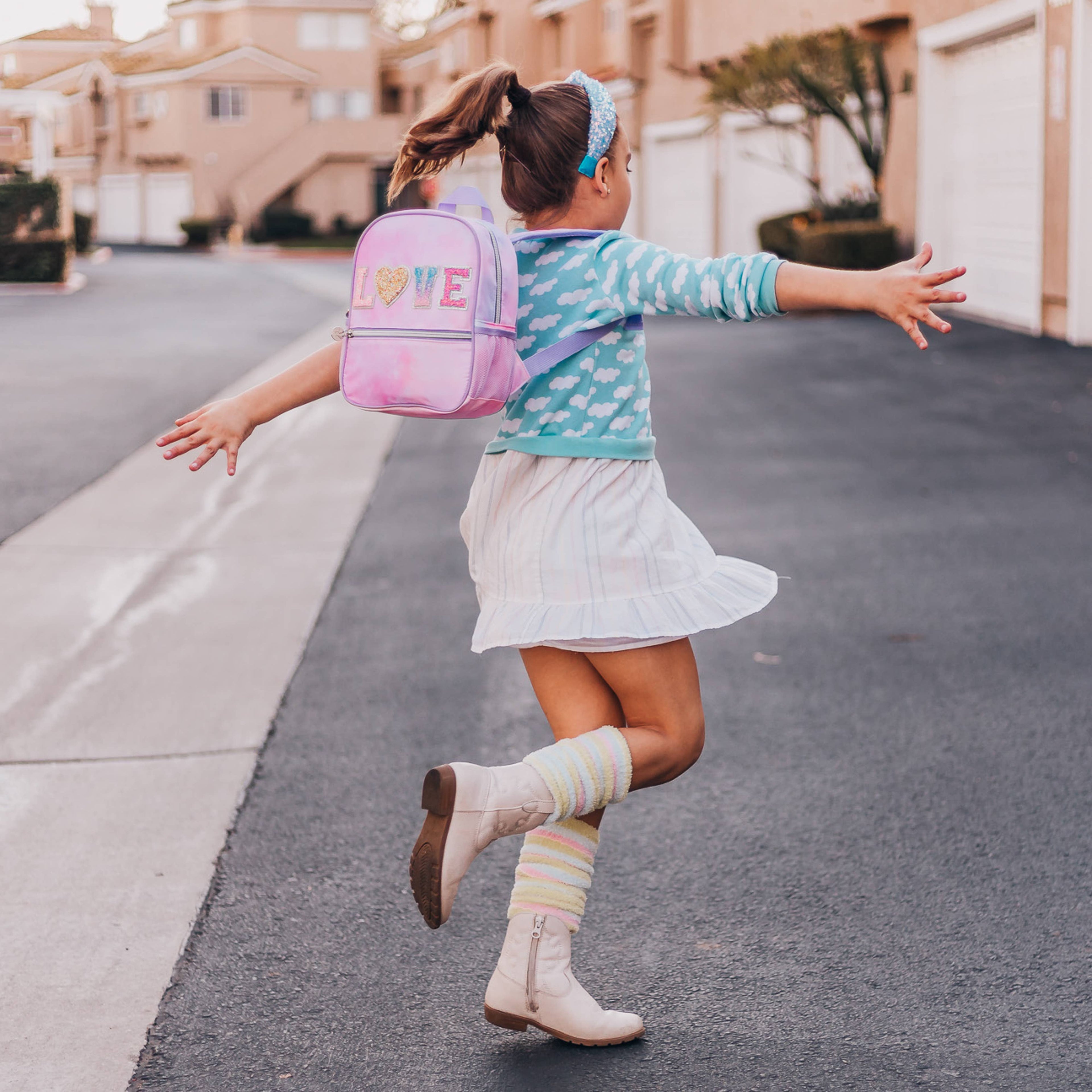Girls Backpack with Glitter Varsity Letters - Mini Tie Dye