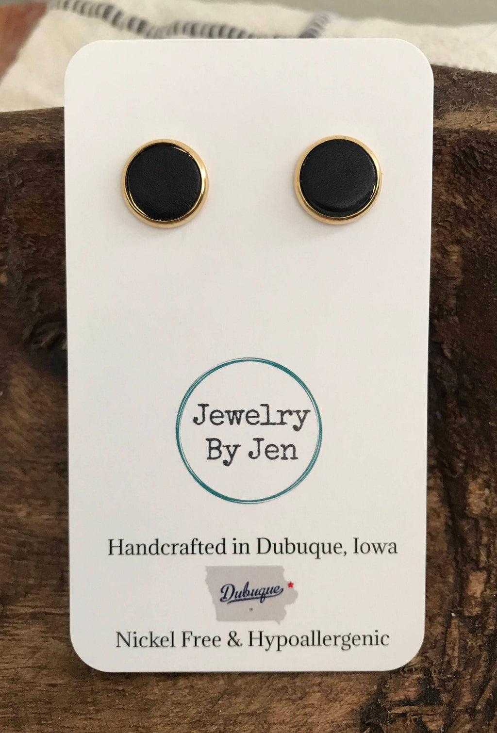 Stud Earrings: Black Leather - Gold Setting