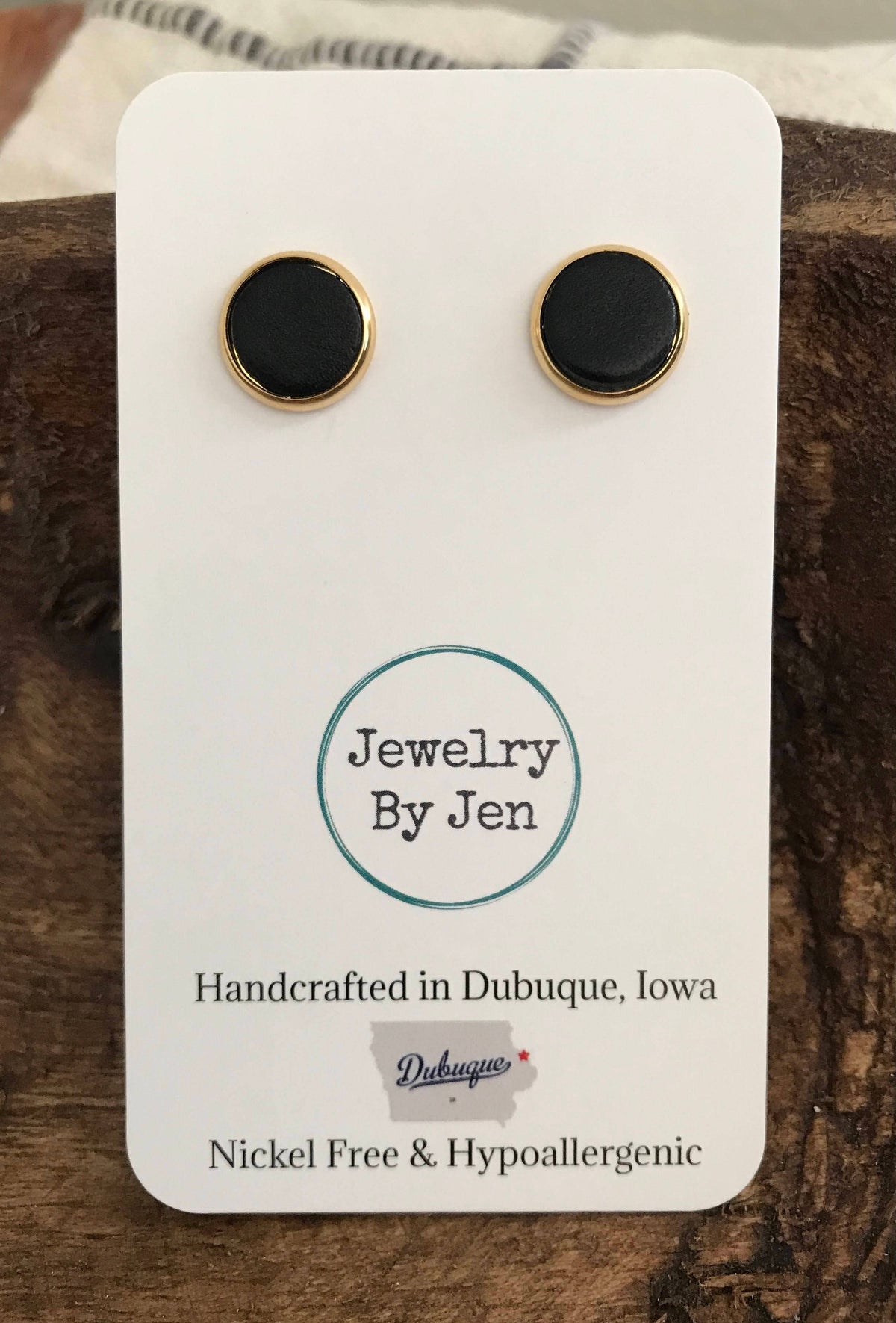 Stud Earrings: Black Leather - Gold Setting