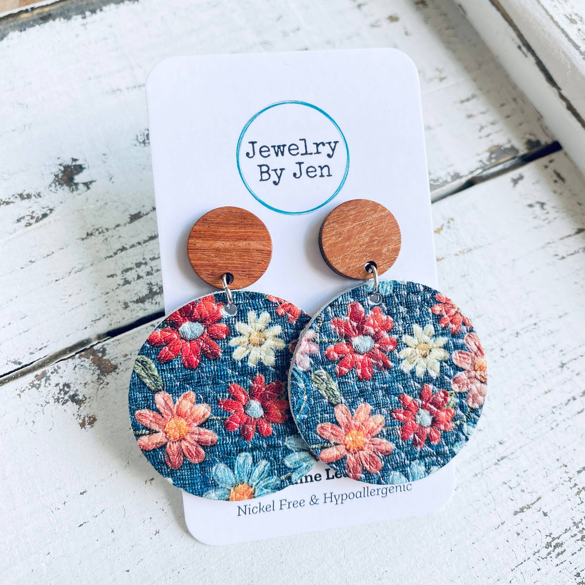 Wood Stud Earring: Daisies on Denim