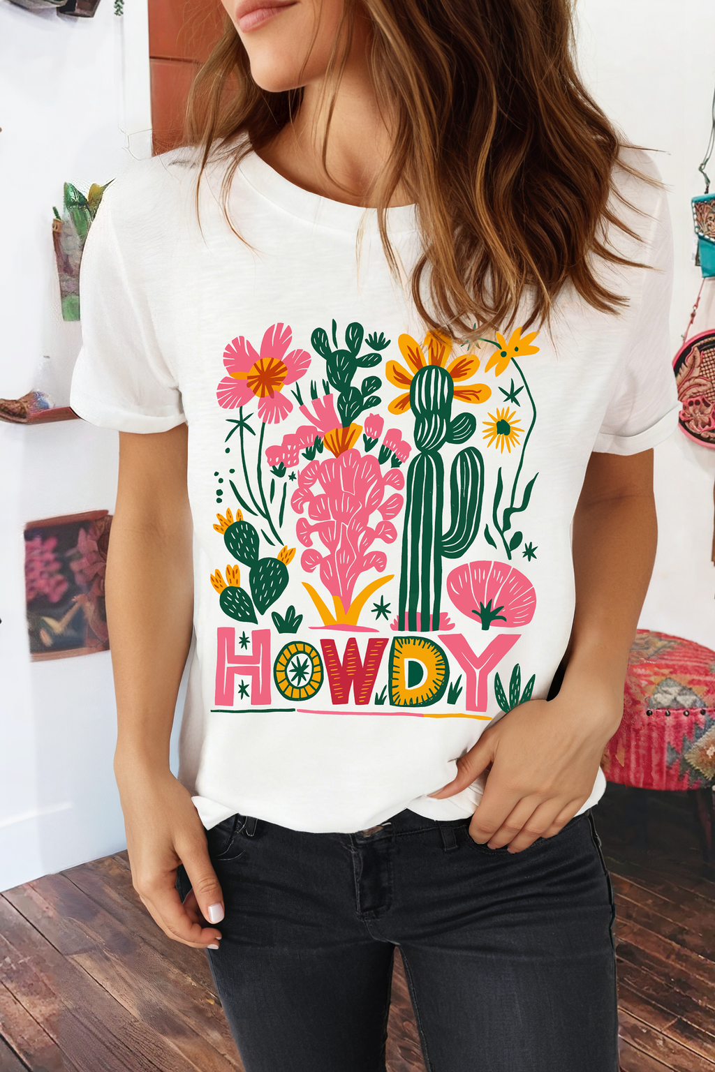 Spring Western HOWDY Cactus Flower Print Cowgirl Fashion Tee