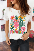 Spring Western HOWDY Cactus Flower Print Cowgirl Fashion Tee