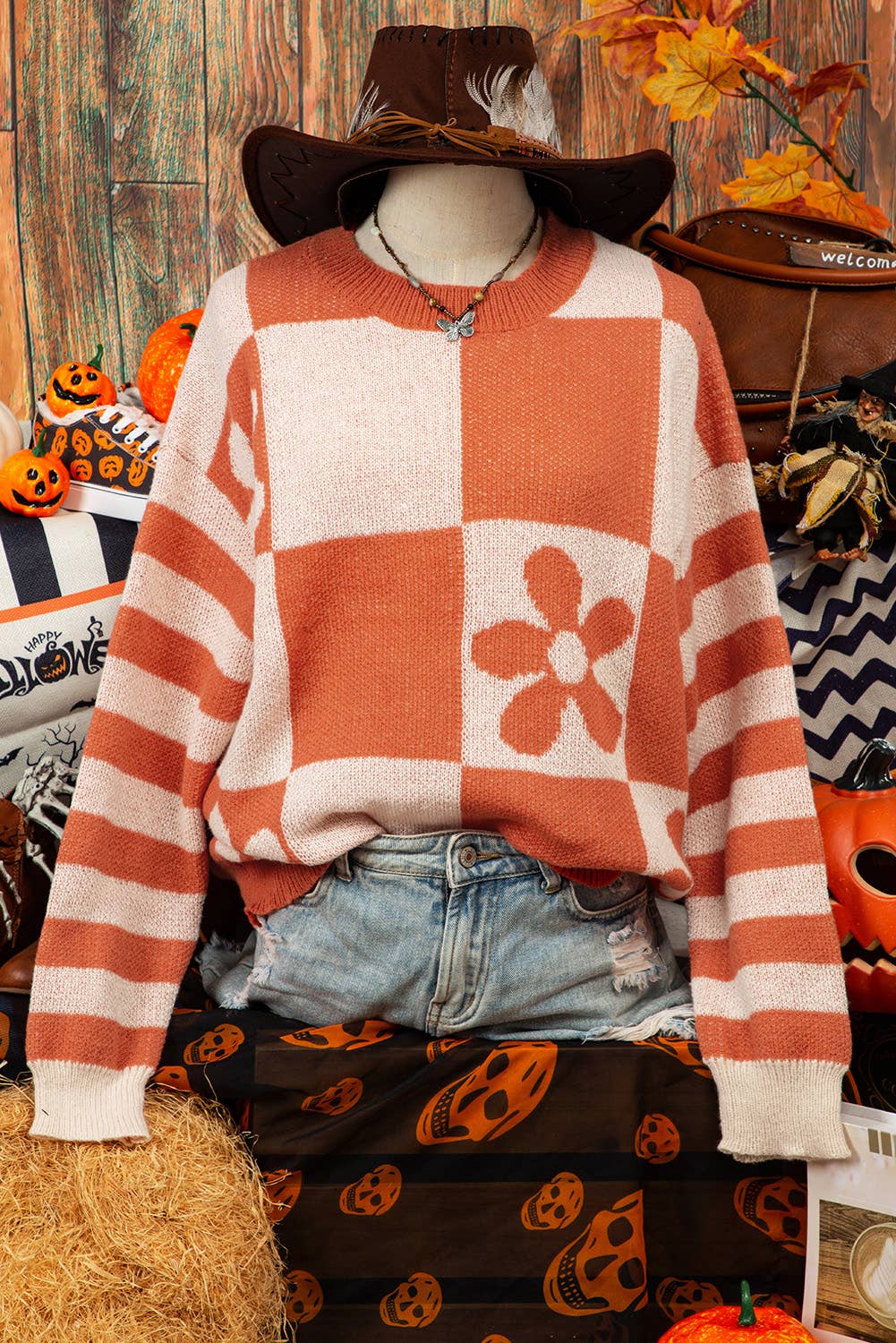 Fashion-W Checker Floral Stripe Sweater*S-2XL