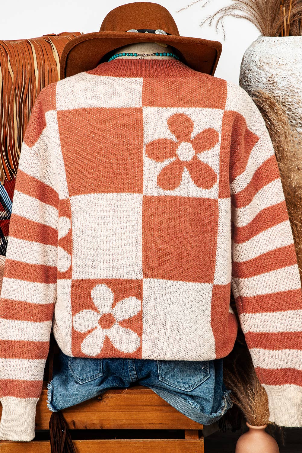 Fashion-W Checker Floral Stripe Sweater*S-2XL
