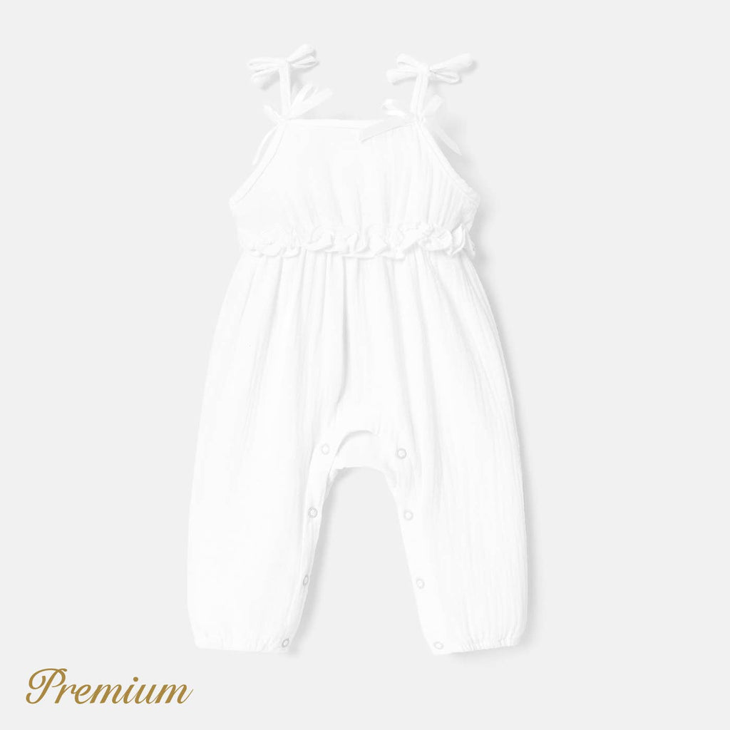 100% Cotton Baby Girl Crepe Bow Decor Solid Cami Jumpsuit