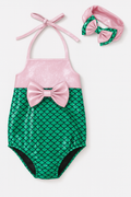 Pink-Green Metallic Mermaid Baby Swimsuit & Headband