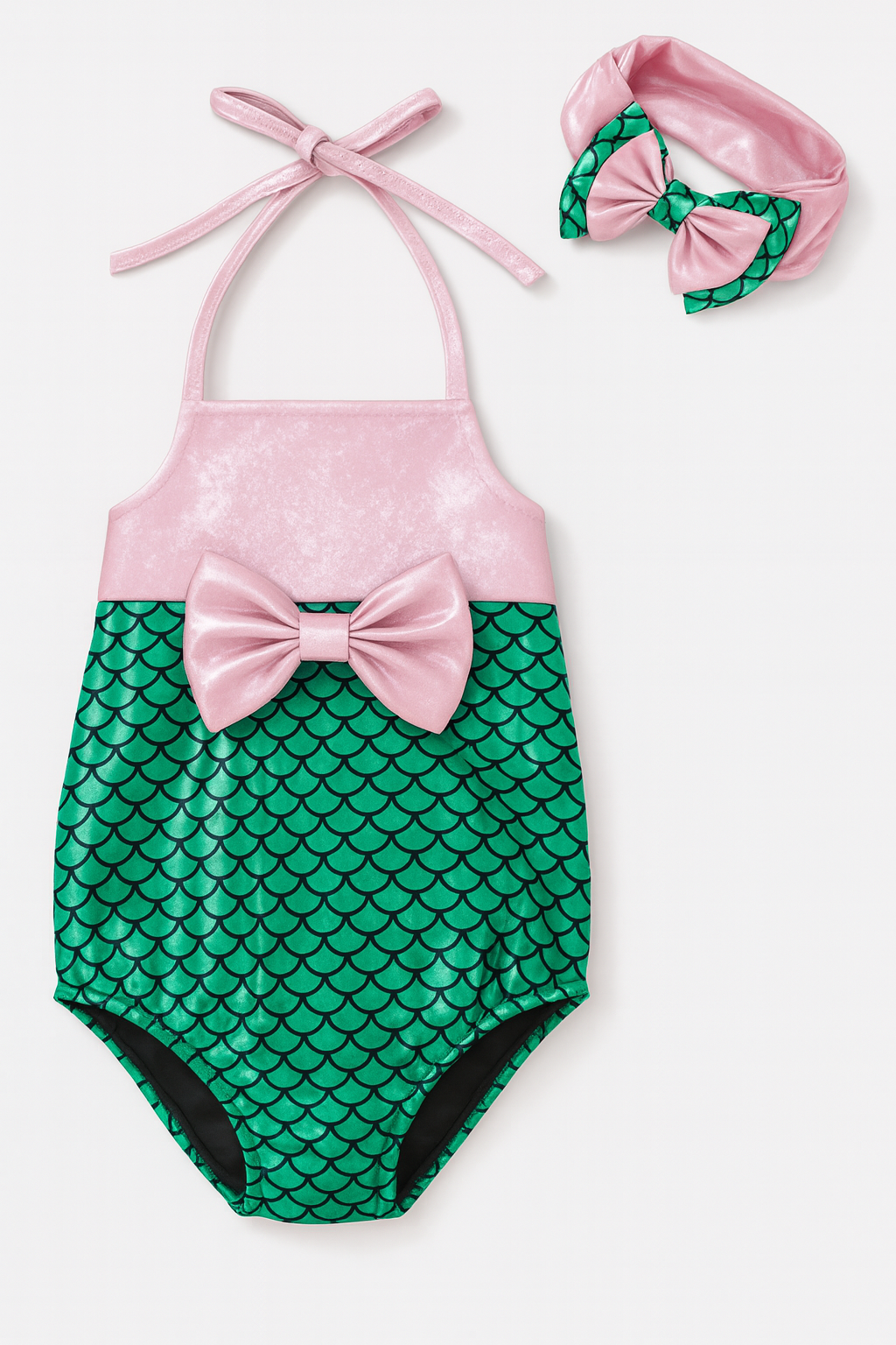 Pink-Green Metallic Mermaid Baby Swimsuit & Headband