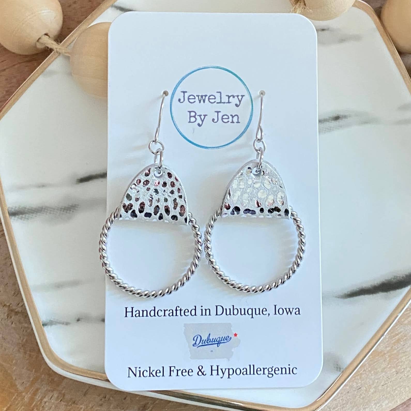Twisted Hoop Earrings: White & Silver Cheetah