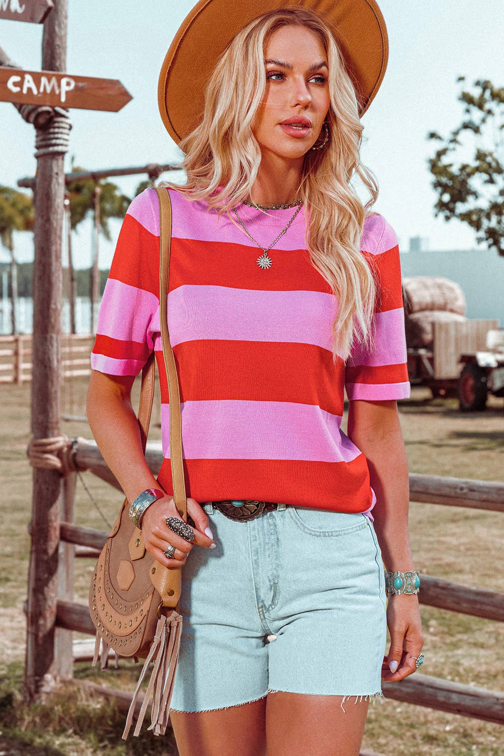 Fashion-W Colorblock Striped Knitted T shirt