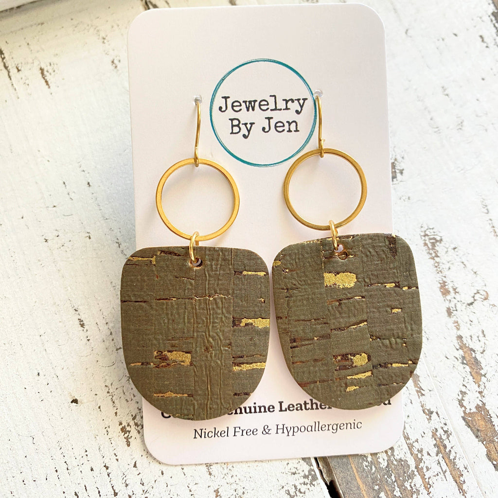 Boho Dangle Earrings: Olive Cork w/Gold Accents