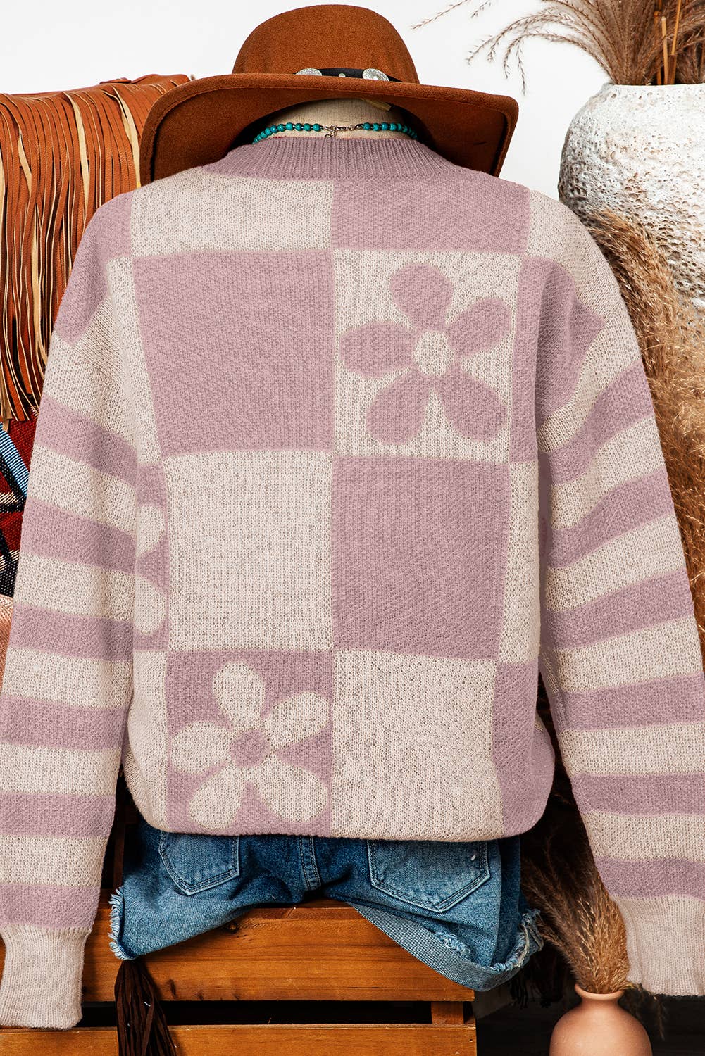 Fashion-W Checker Floral Stripe Sweater*S-2XL