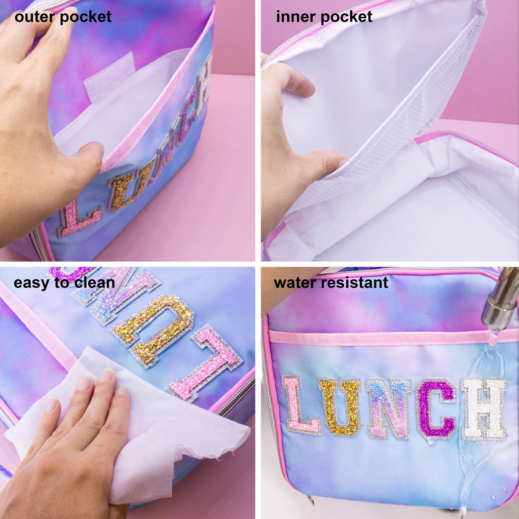 Tie Dye Glitter Varsity Letter Insulated Lunch Bag Lunchbox