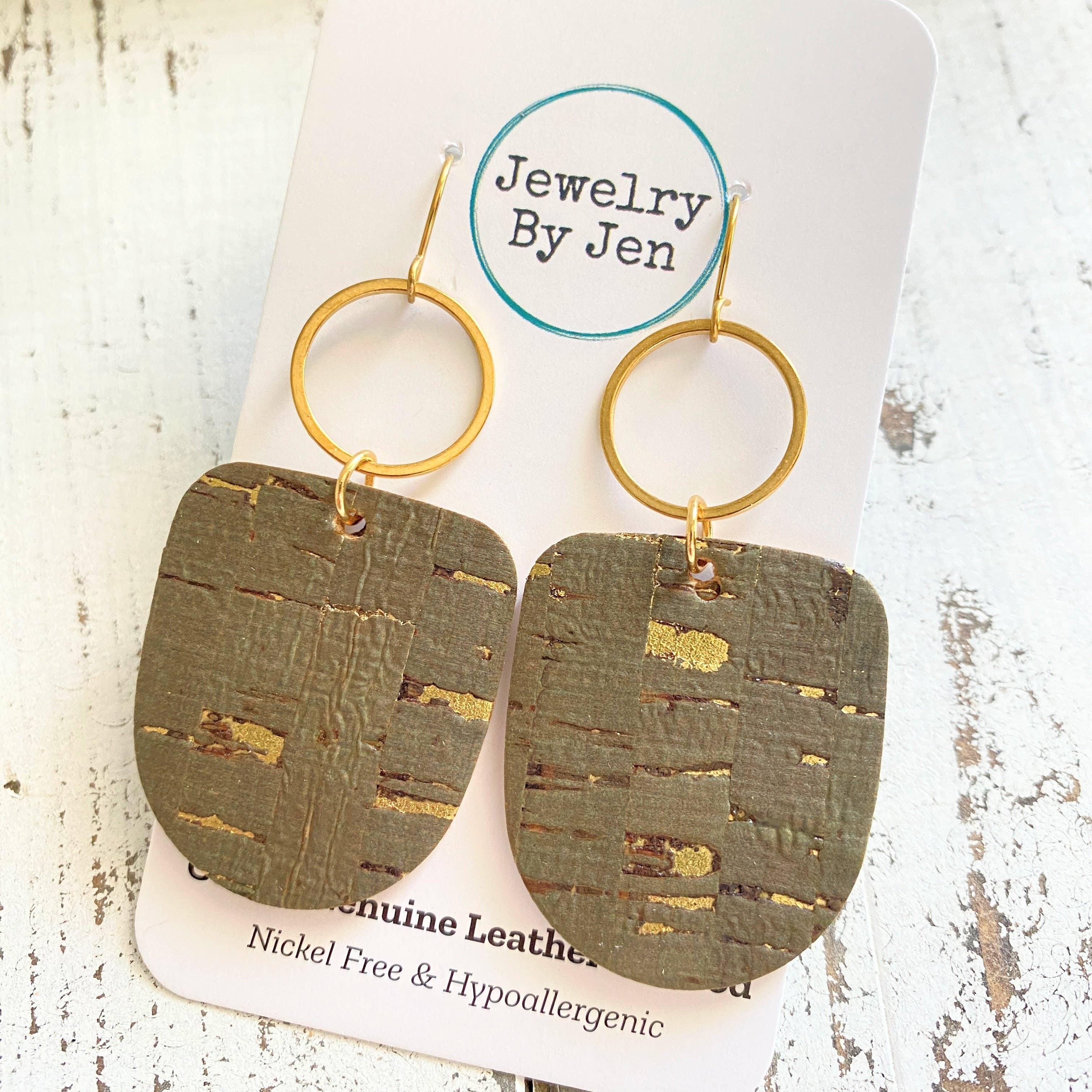 Boho Dangle Earrings: Olive Cork w/Gold Accents