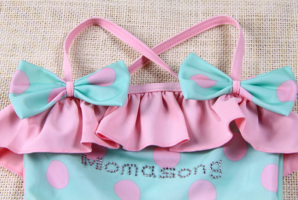 Pink Polka Dots Green Little Girl Swimsuit & Hat