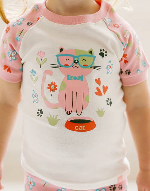 Flower Cat Short Sleeve Pajama Set