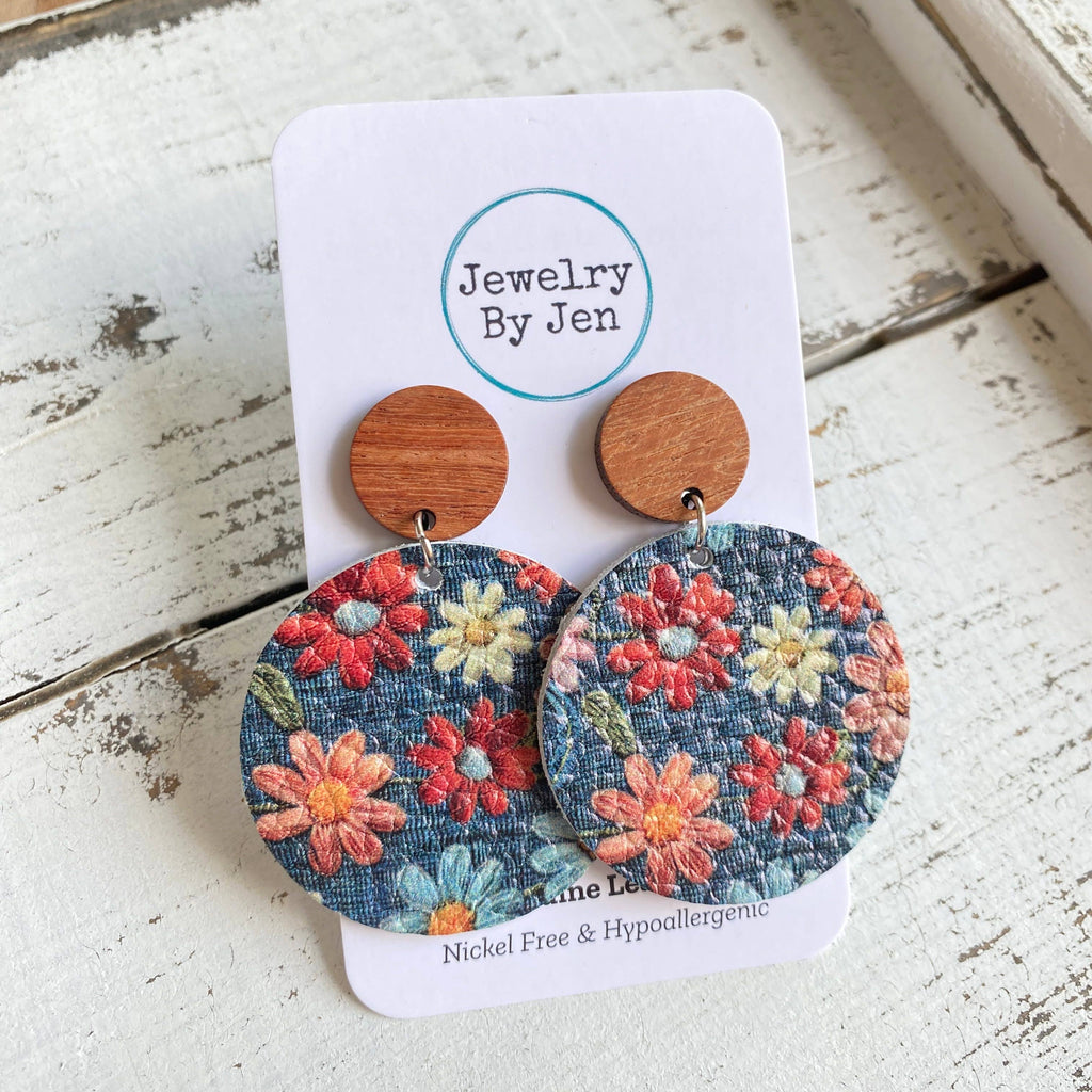 Wood Stud Earring: Daisies on Denim