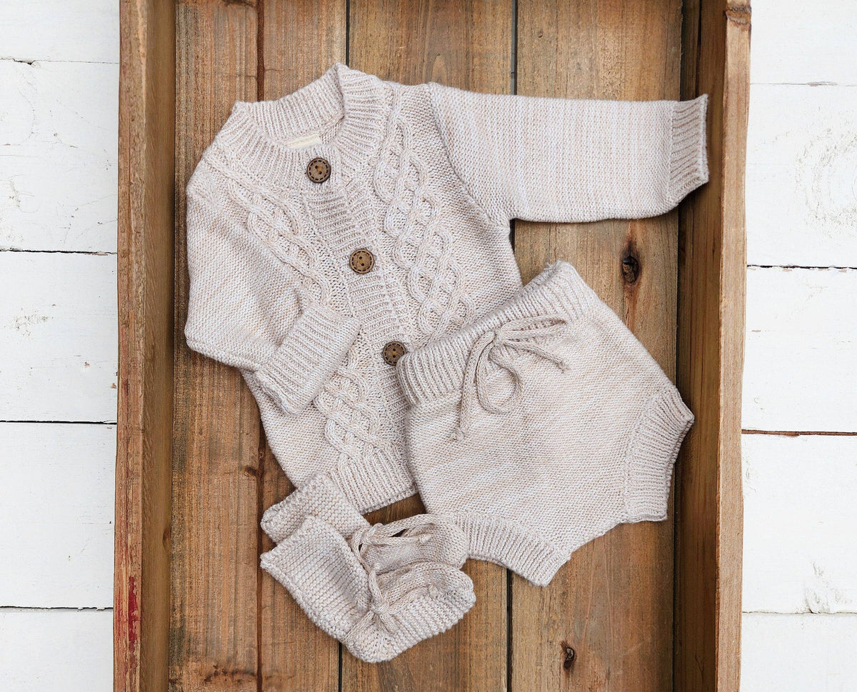 Cotton Knitted Cardigan bloomer booties | Matais 3pc Set