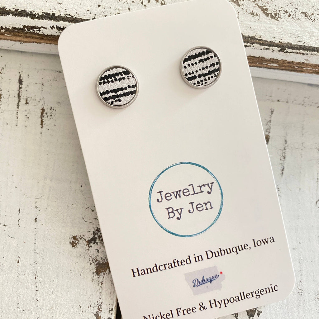 Stud Earrings: White w/Black Dotted Lines