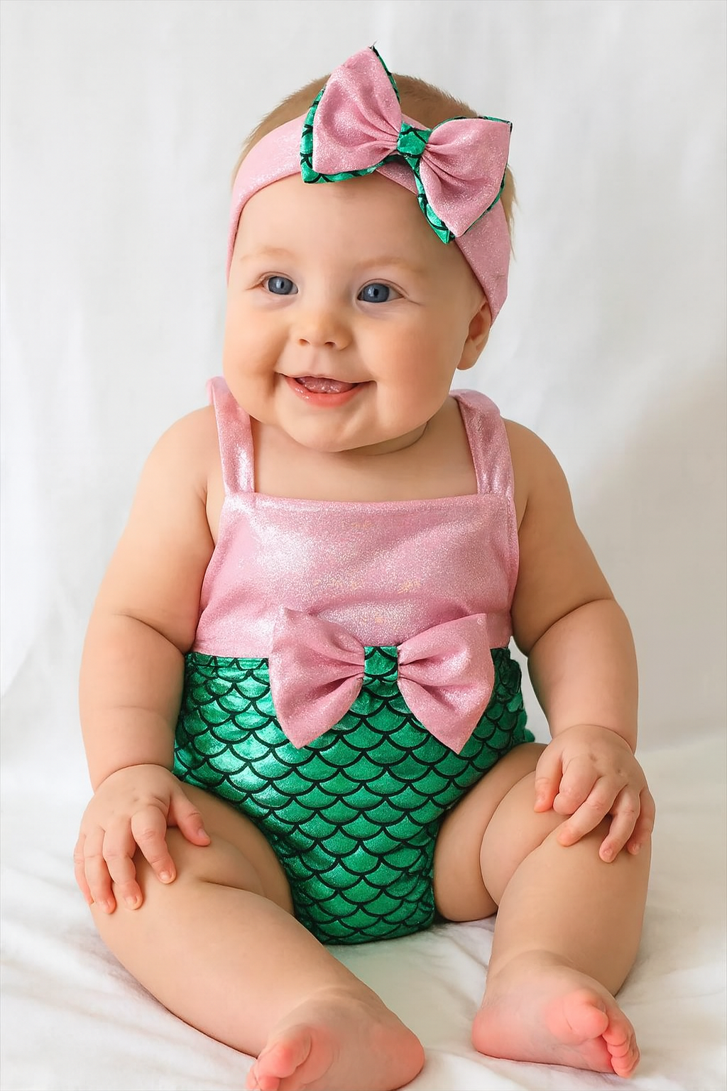 Pink-Green Metallic Mermaid Baby Swimsuit & Headband
