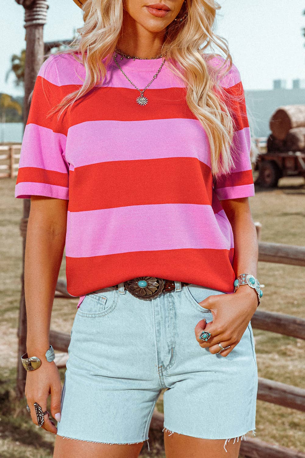 Fashion-W Colorblock Striped Knitted T shirt
