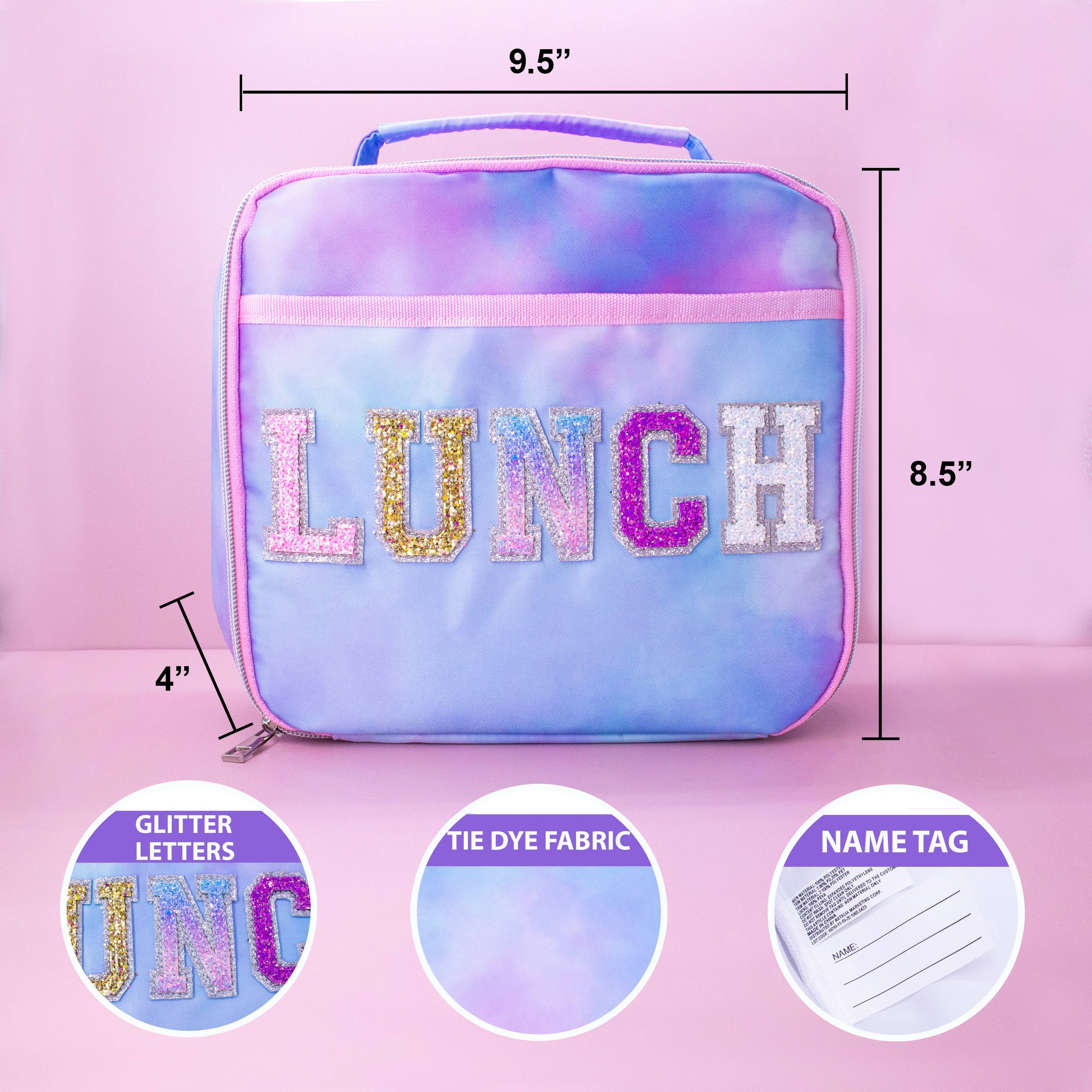 Tie Dye Glitter Varsity Letter Insulated Lunch Bag Lunchbox