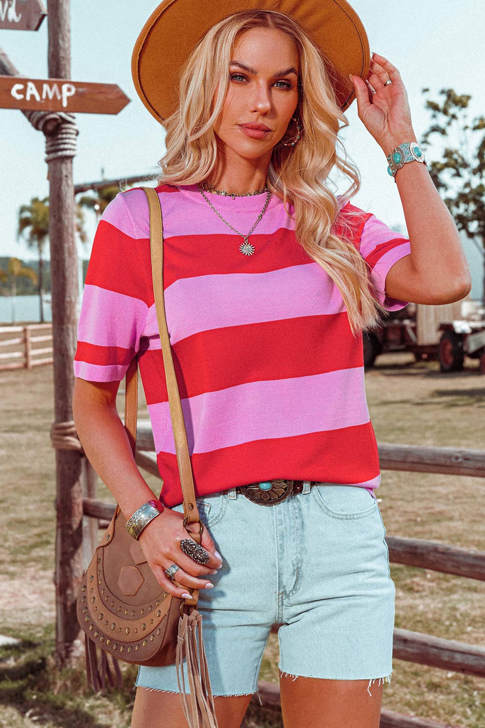 Fashion-W Colorblock Striped Knitted T shirt