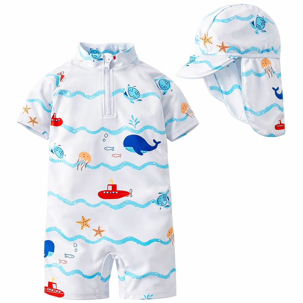 White Sea World Rash Guard & Hat 2-Piece Boy Swimwear