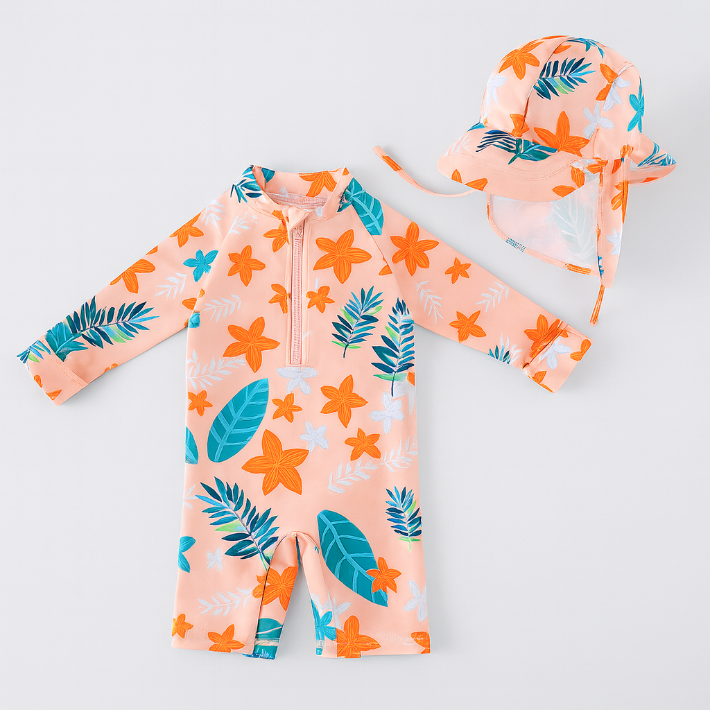 Peach Floral Rash Guard & Sun Hat 2pcs Toddler Girl Swimwear