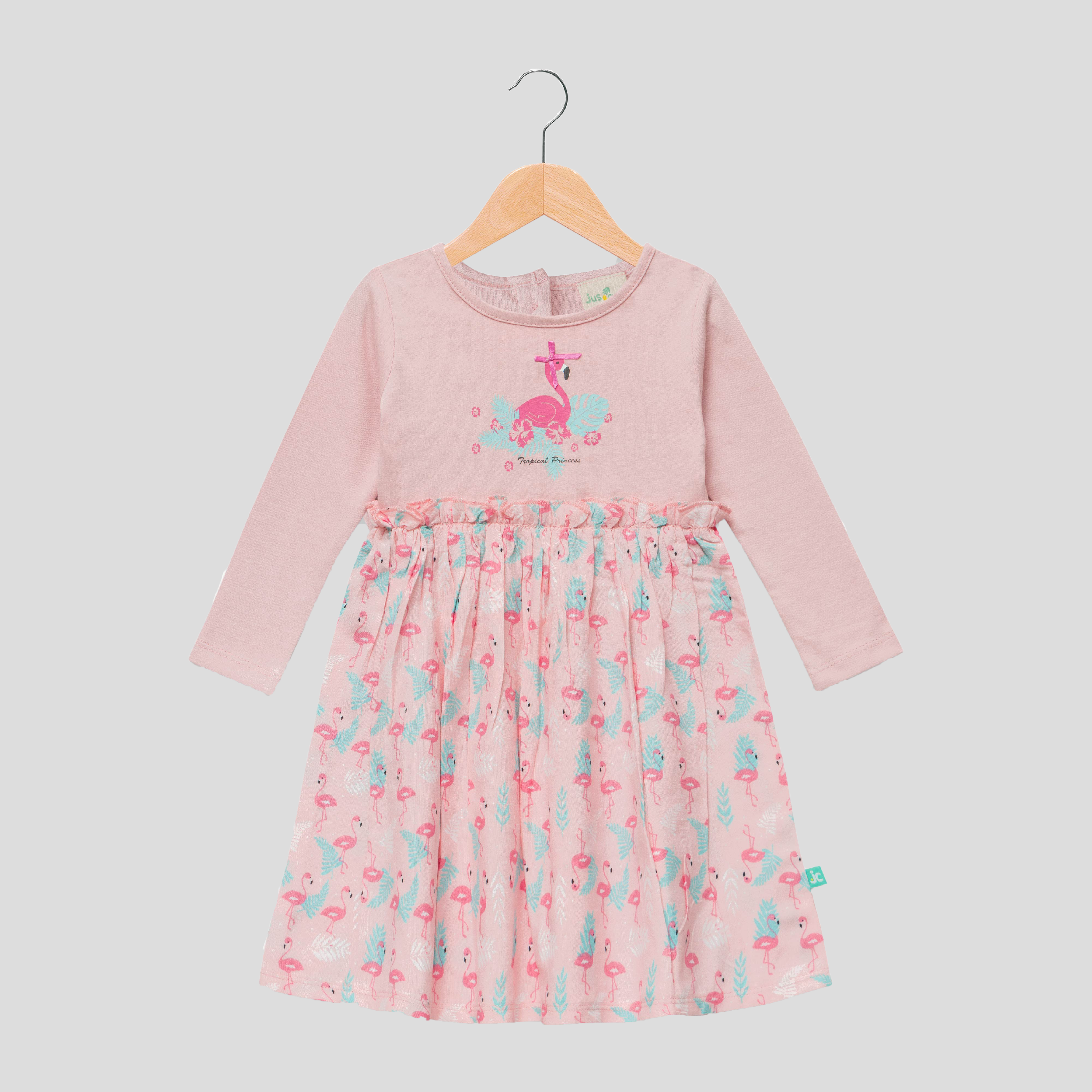 Pink Flamingo Full Sleeve Flair Dress for Toddlers
