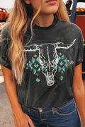 Vintage Western Bull Head Skull Turquoise Graphic T Shirt