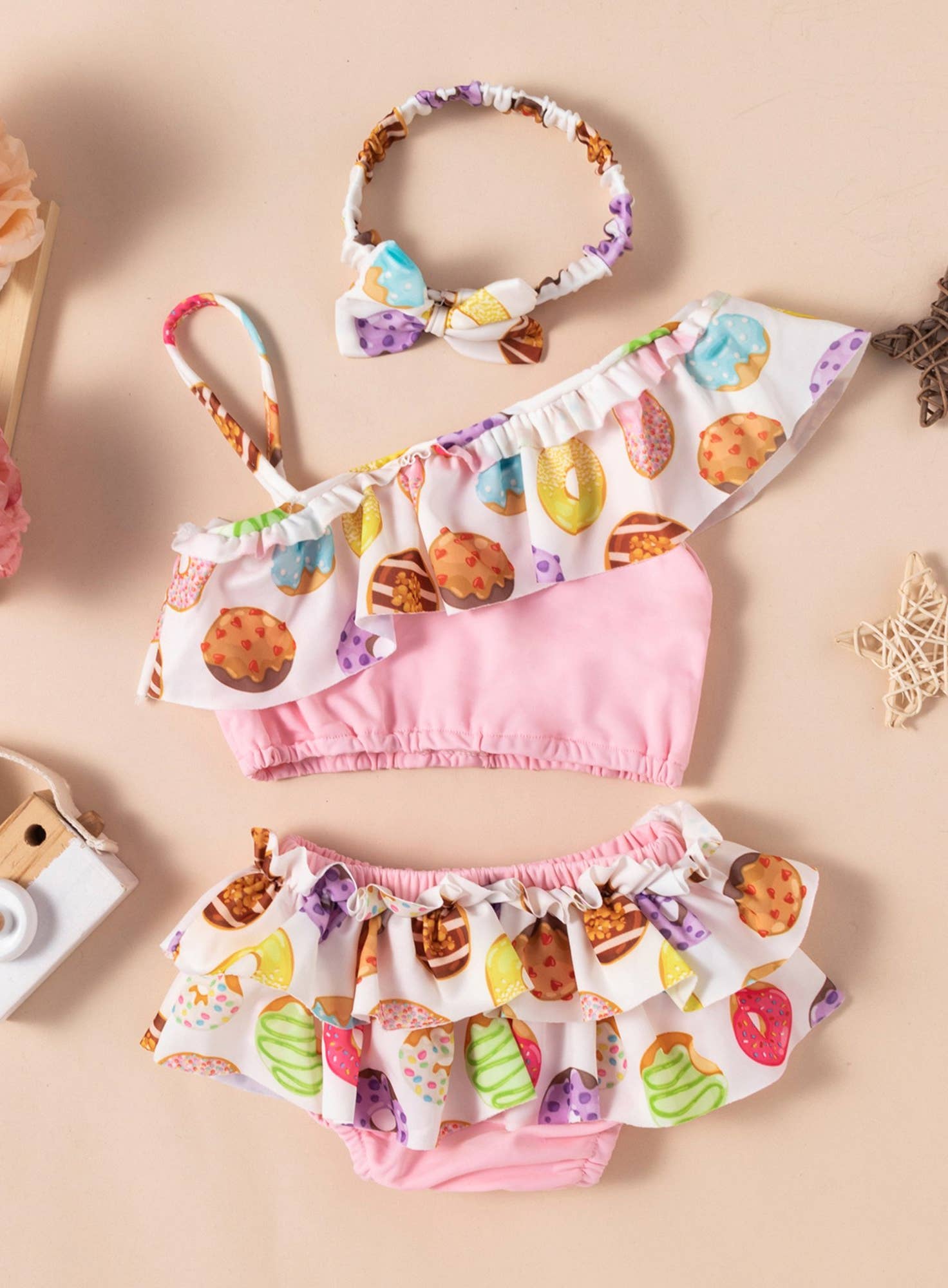 Donut Print Pink Flounce 3pcs Baby Girl Swimsuit