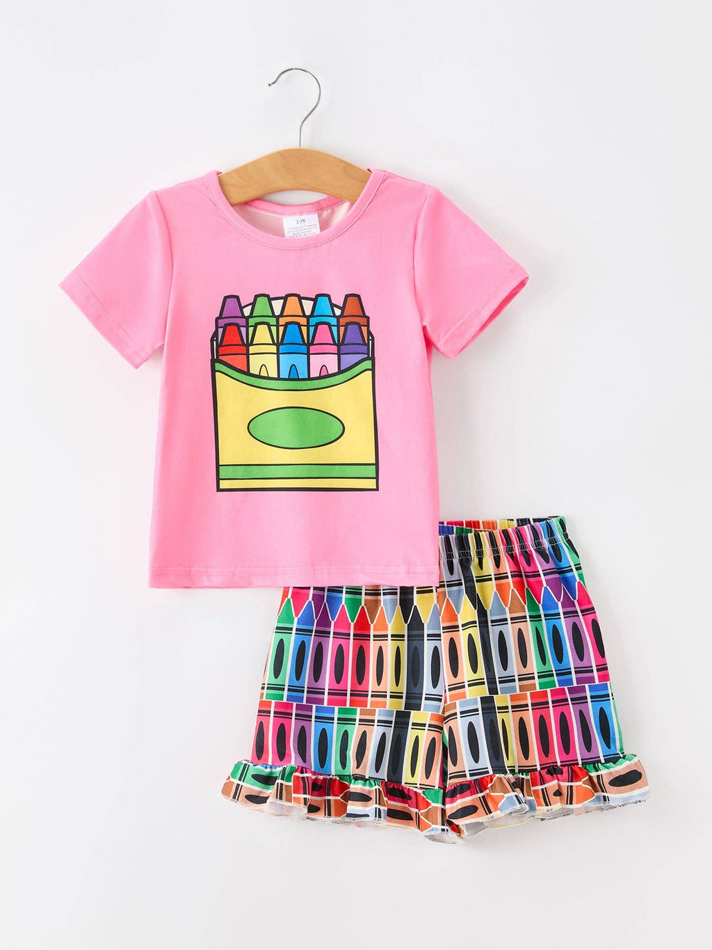 Back to School Crayon Girls Outfit Set Pink Top Ruffle Shorts