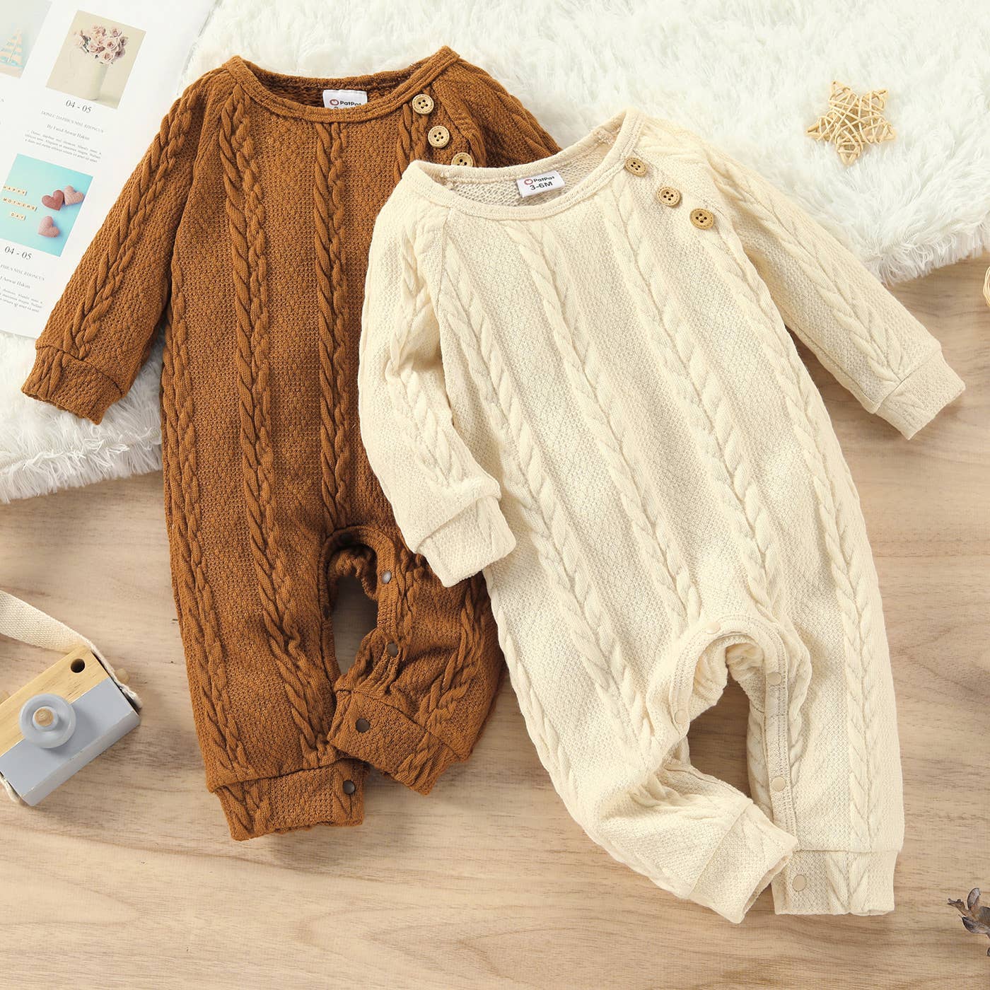 Baby Boy/Girl Solid Cable Knit Long-sleeve Jumpsuit