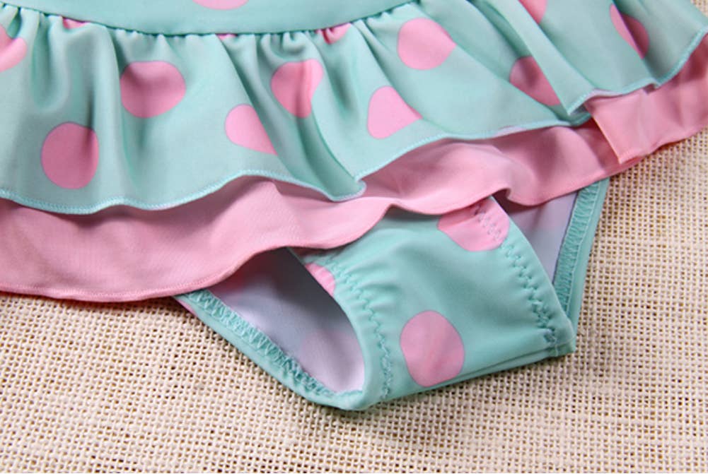 Pink Polka Dots Green Little Girl Swimsuit & Hat