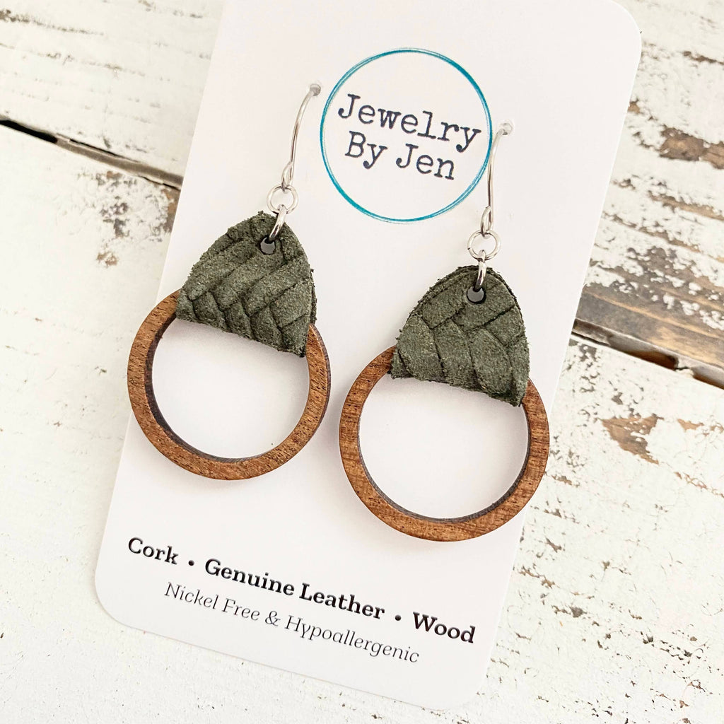 Wood Hoop Earrings: Olive Braided
