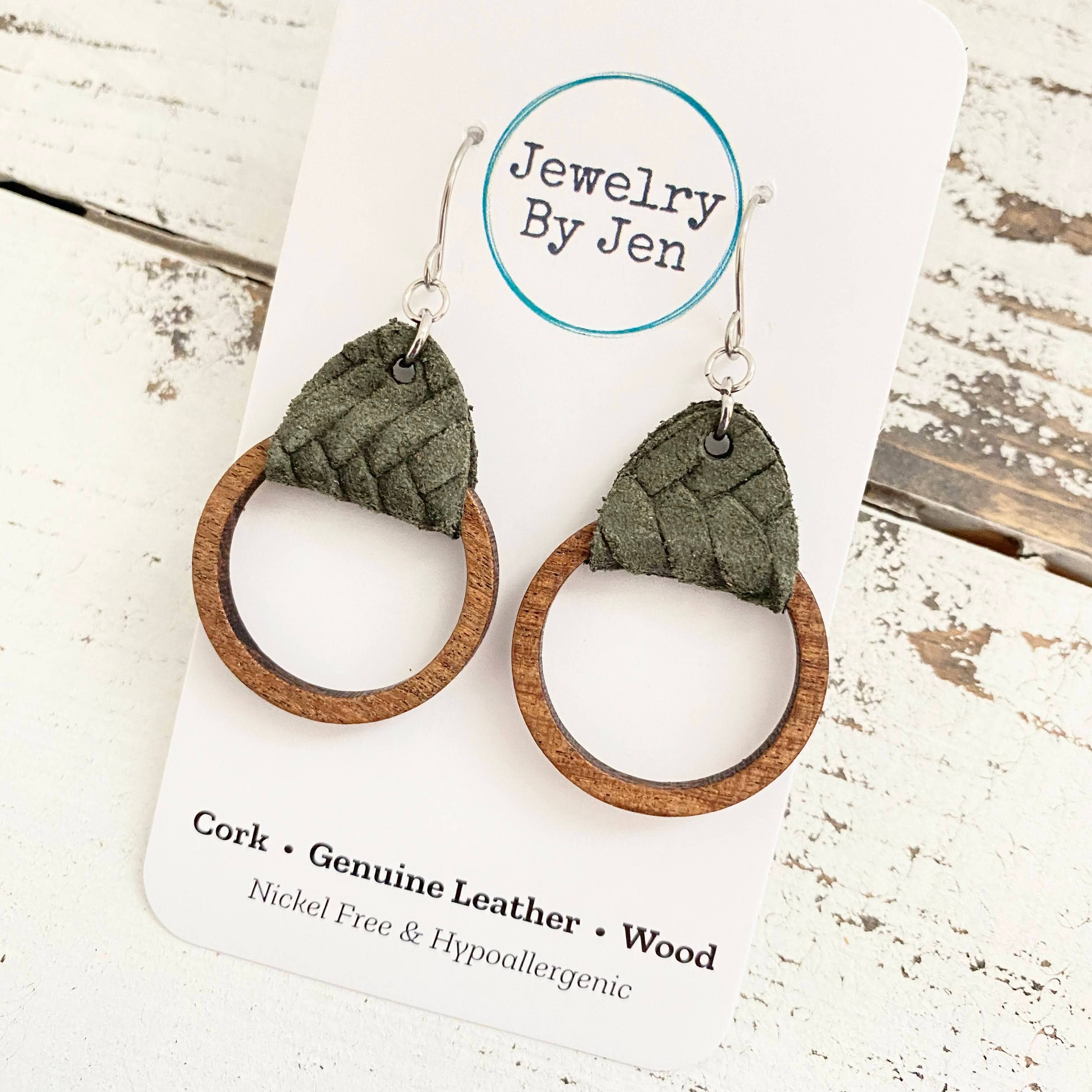 Wood Hoop Earrings: Olive Braided