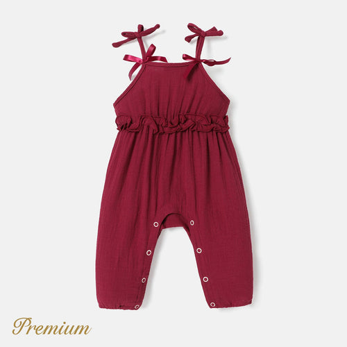 100% Cotton Baby Girl Crepe Bow Decor Solid Cami Jumpsuit