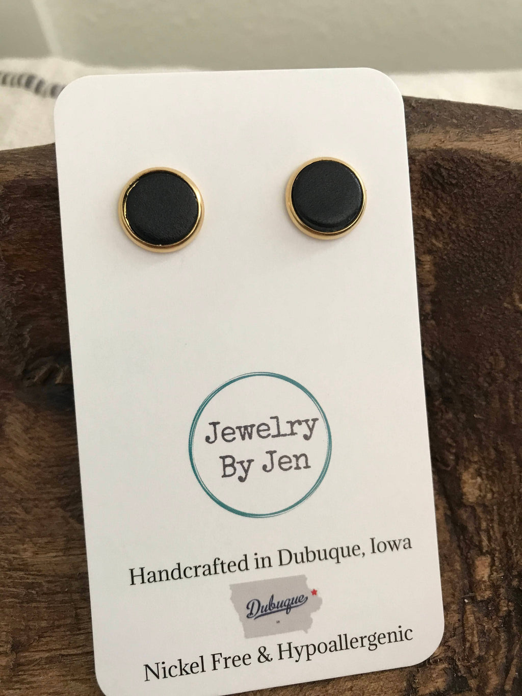 Stud Earrings: Black Leather - Gold Setting