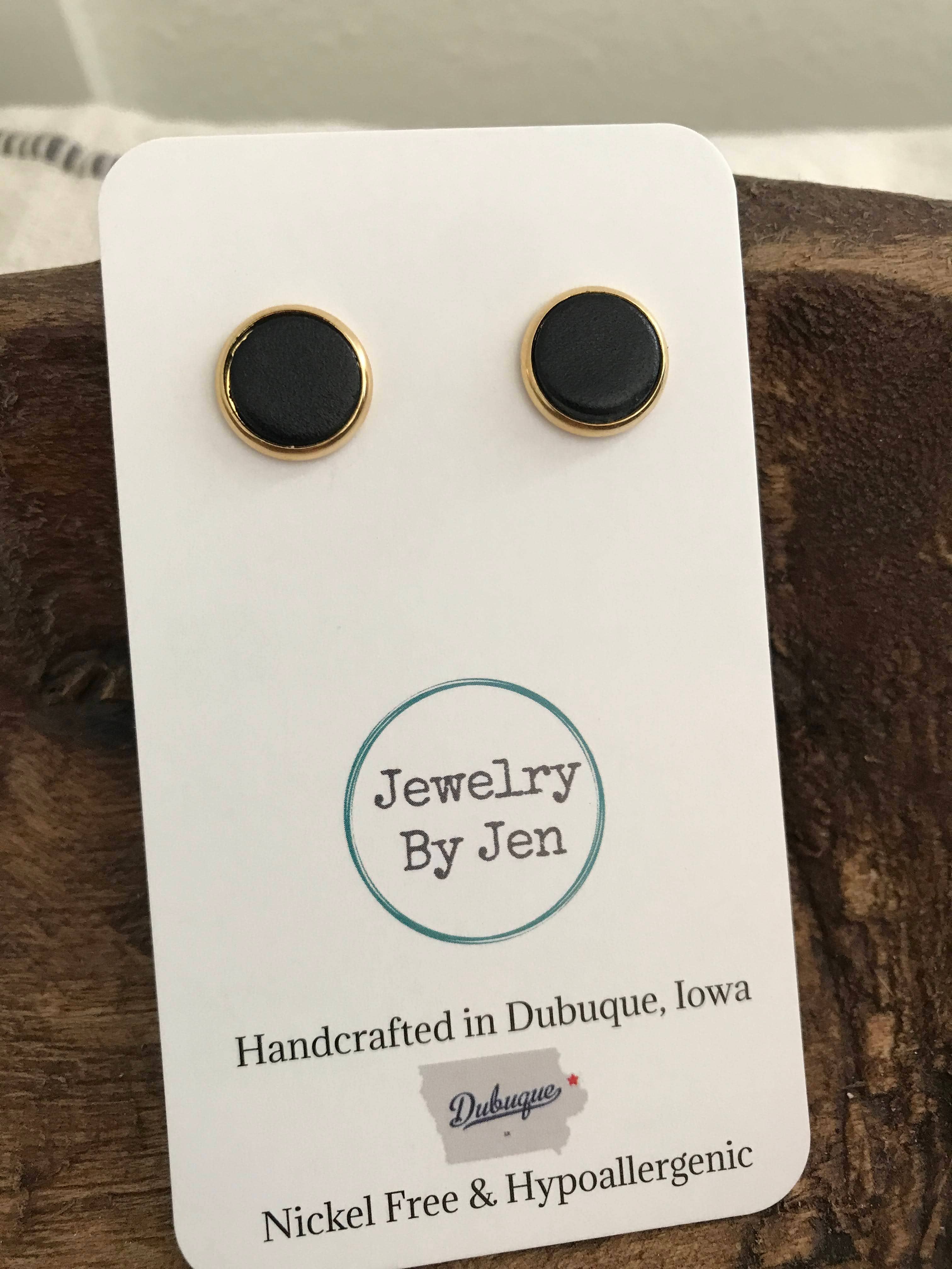Stud Earrings: Black Leather - Gold Setting