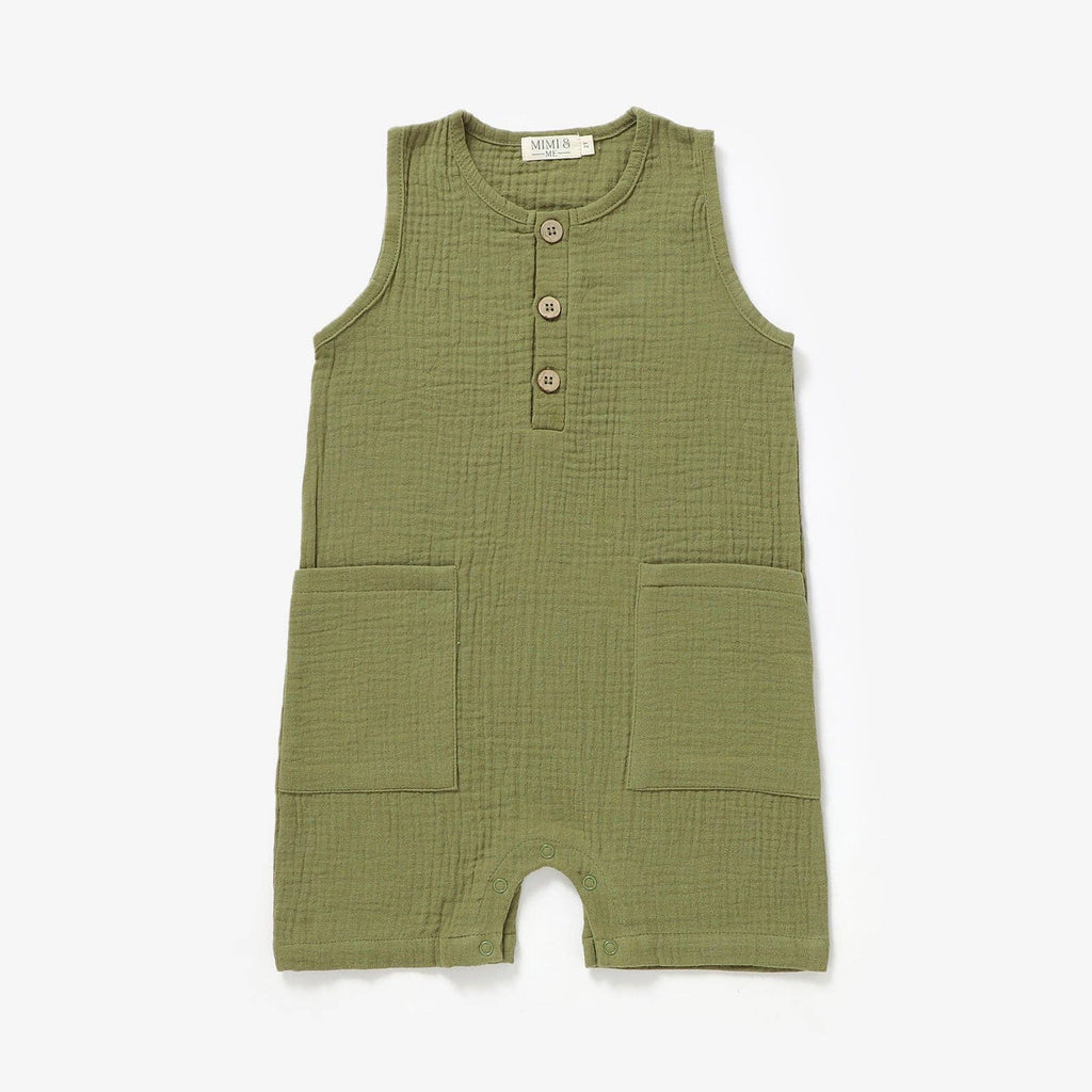 Sleeveless organic gender neutral muslin romper -Olive Green