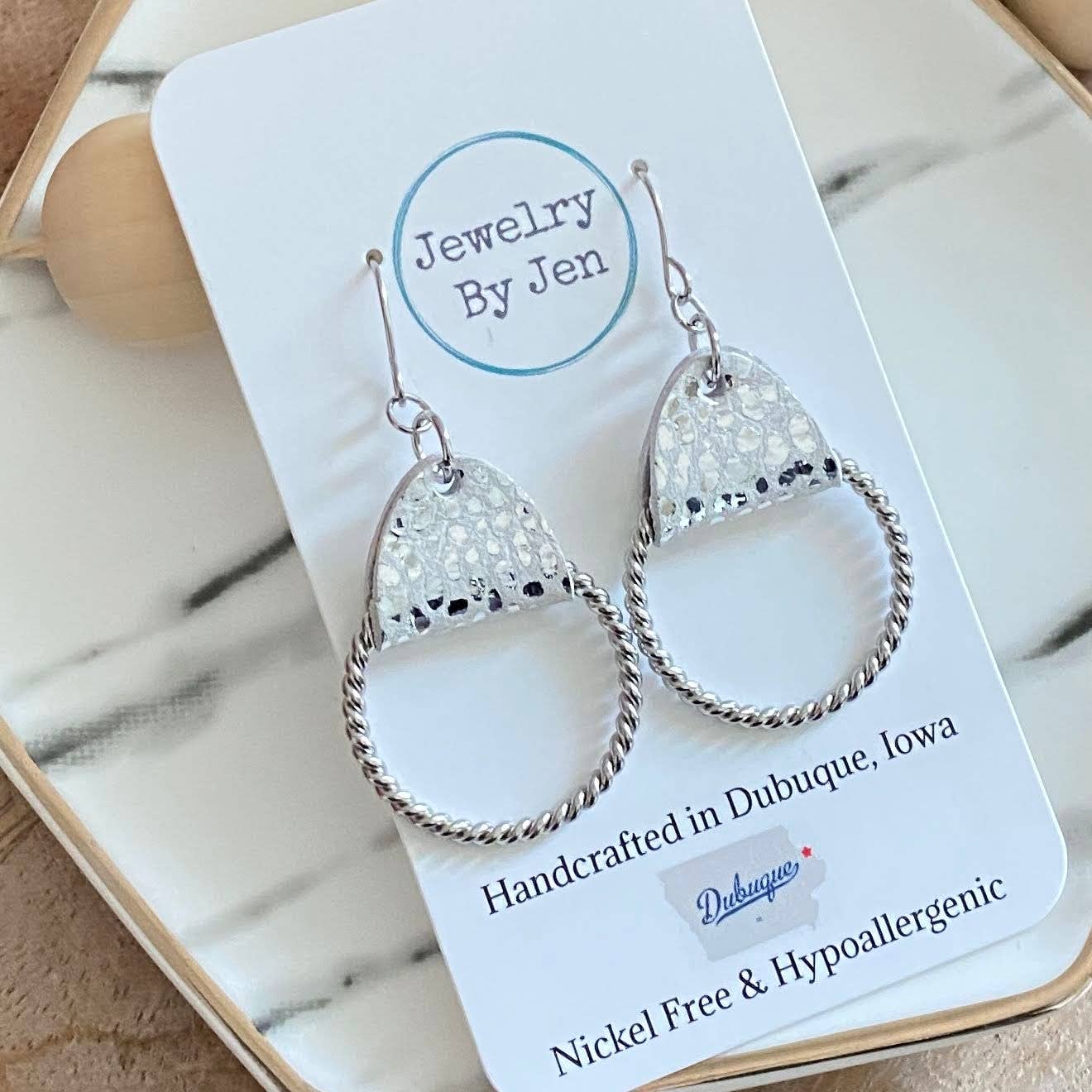 Twisted Hoop Earrings: White & Silver Cheetah
