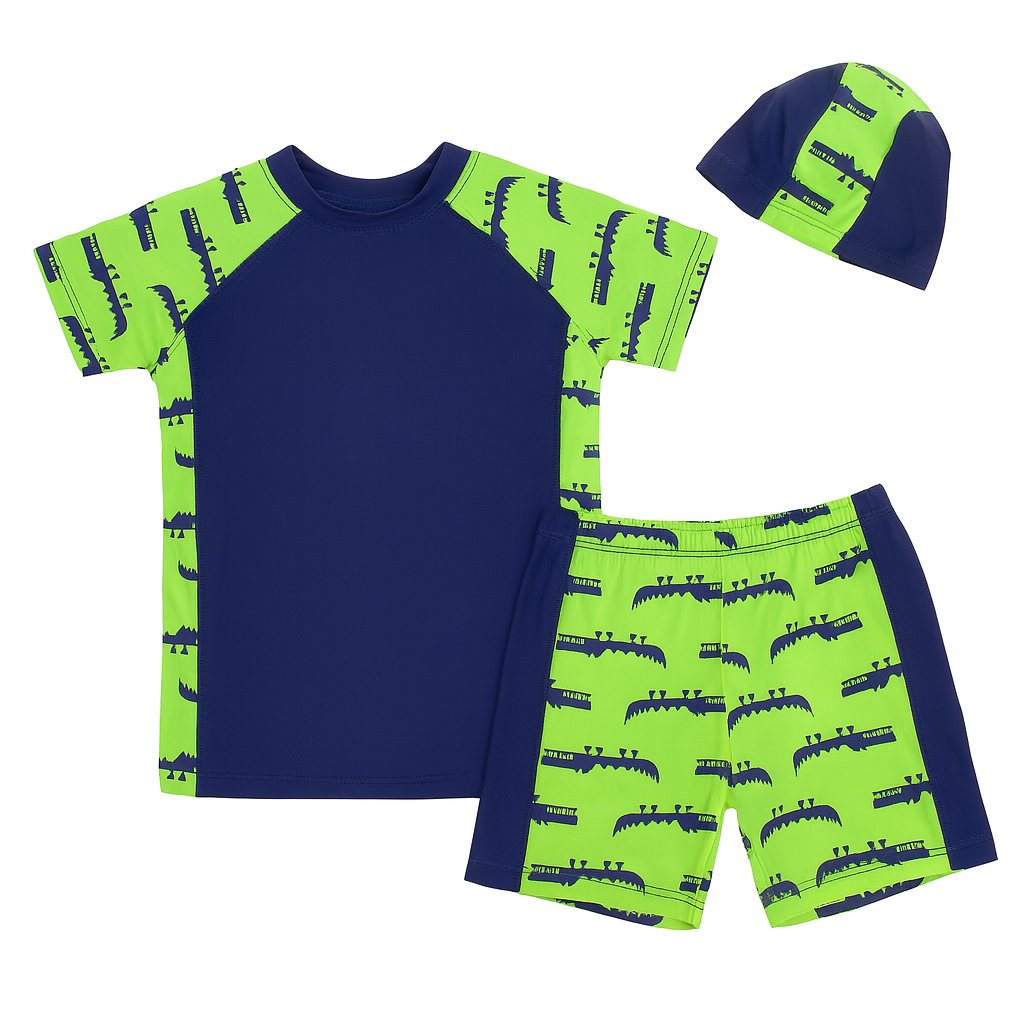 Navy-Green Crocodile 3-Piece Boy Swimwear Set