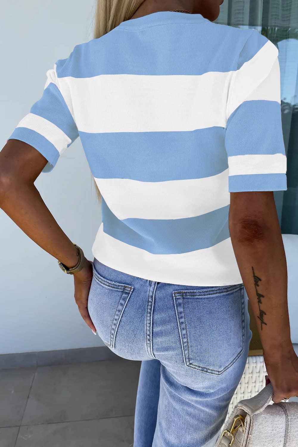 Fashion-W Colorblock Striped Knitted T shirt