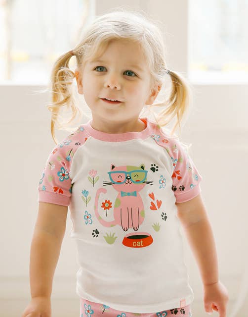 Flower Cat Short Sleeve Pajama Set