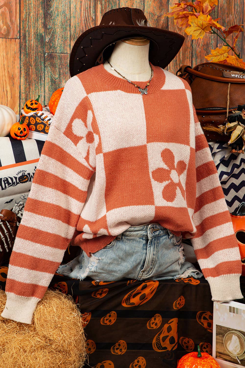 Fashion-W Checker Floral Stripe Sweater*S-2XL