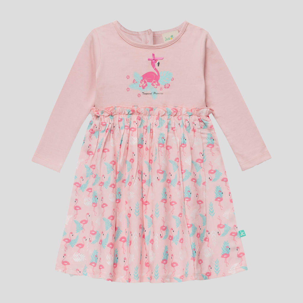 Pink Flamingo Full Sleeve Flair Dress for Toddlers