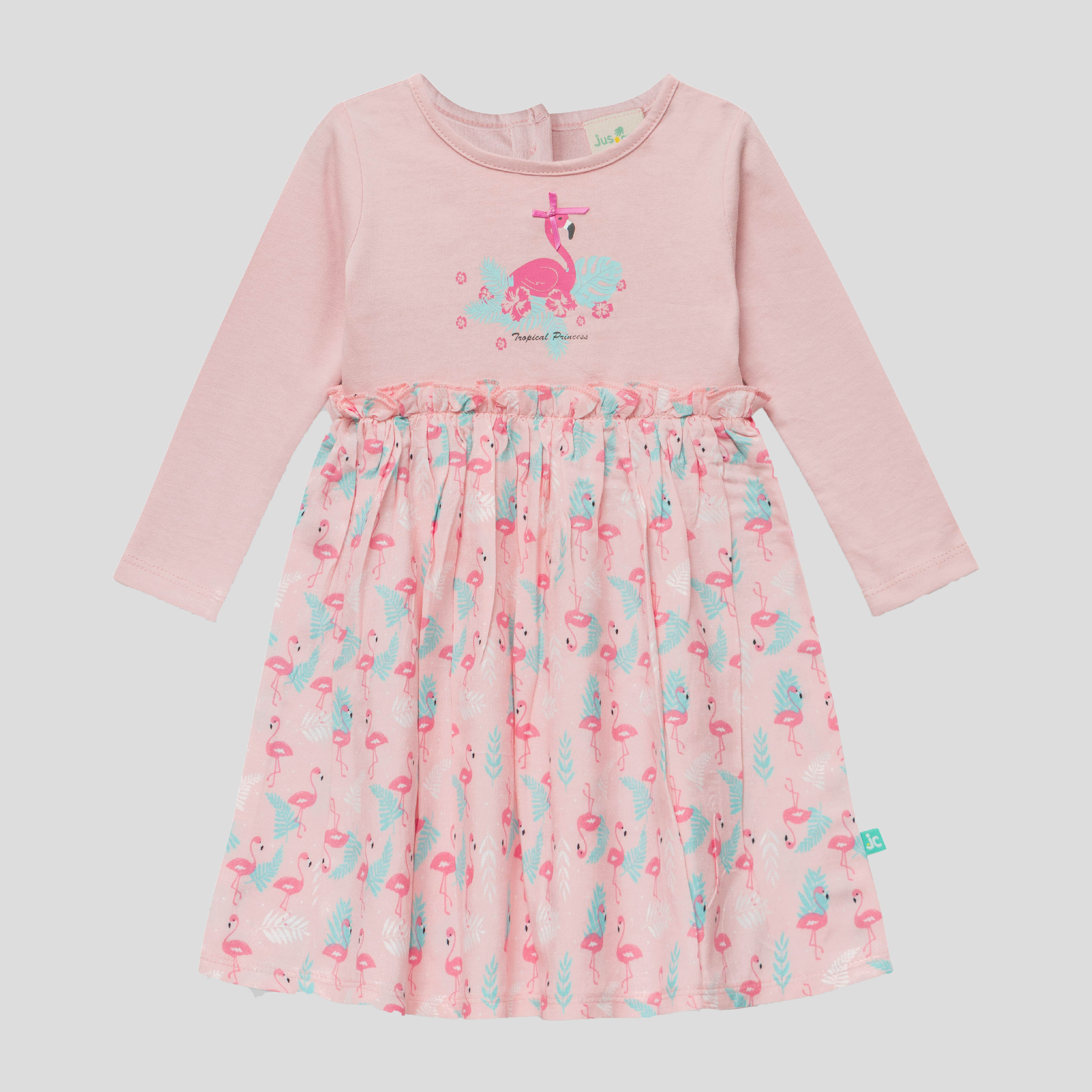 Pink Flamingo Full Sleeve Flair Dress for Toddlers