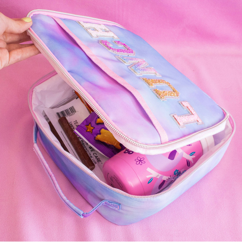 Tie Dye Glitter Varsity Letter Insulated Lunch Bag Lunchbox