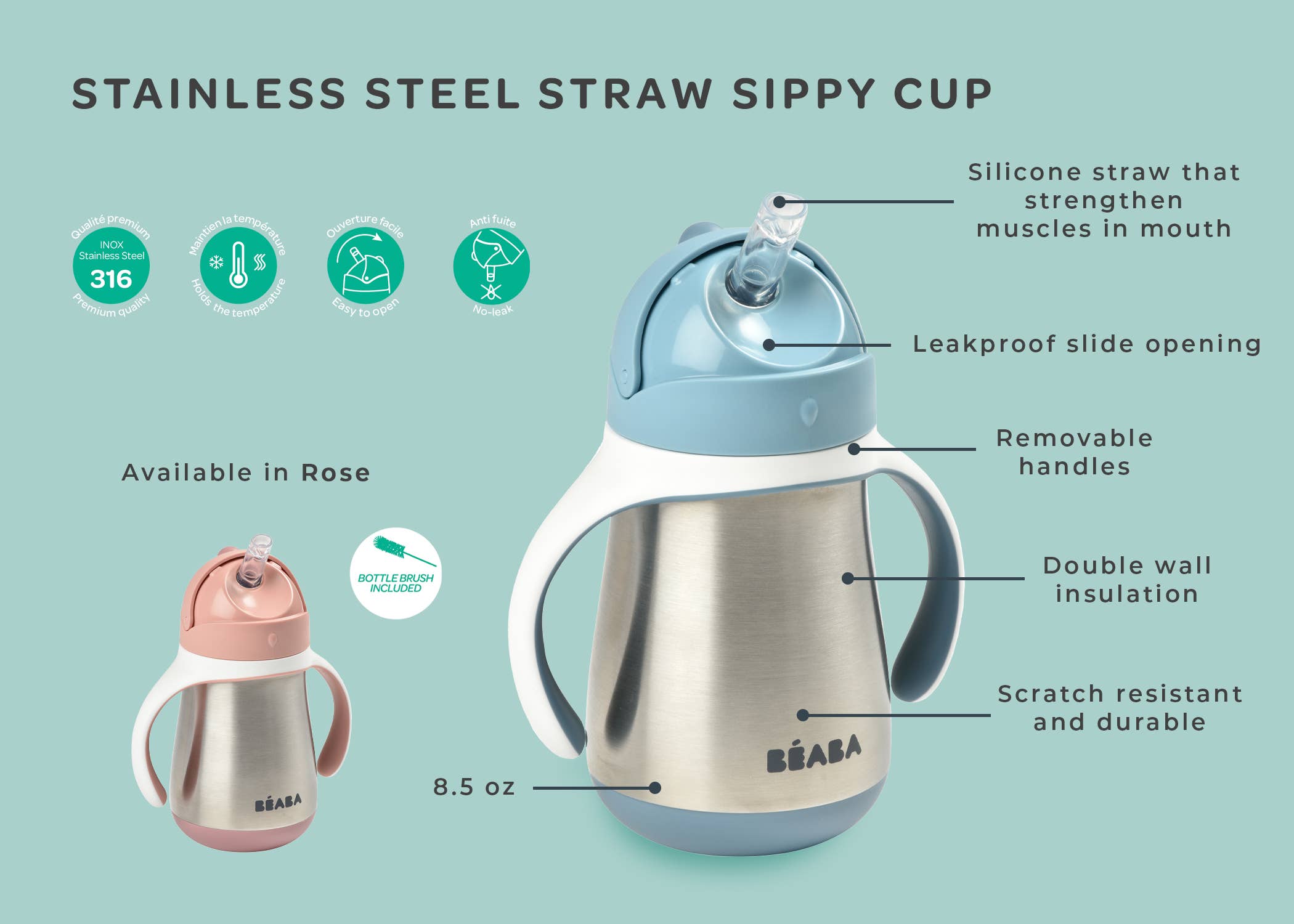 BEABA Stainless Steel Straw Sippy Cup - Rain