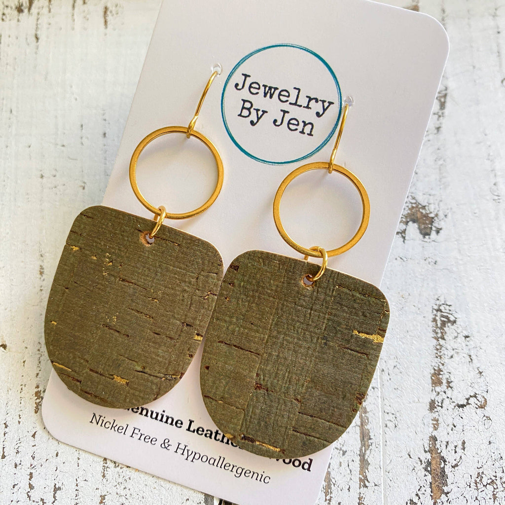 Boho Dangle Earrings: Olive Cork w/Gold Accents